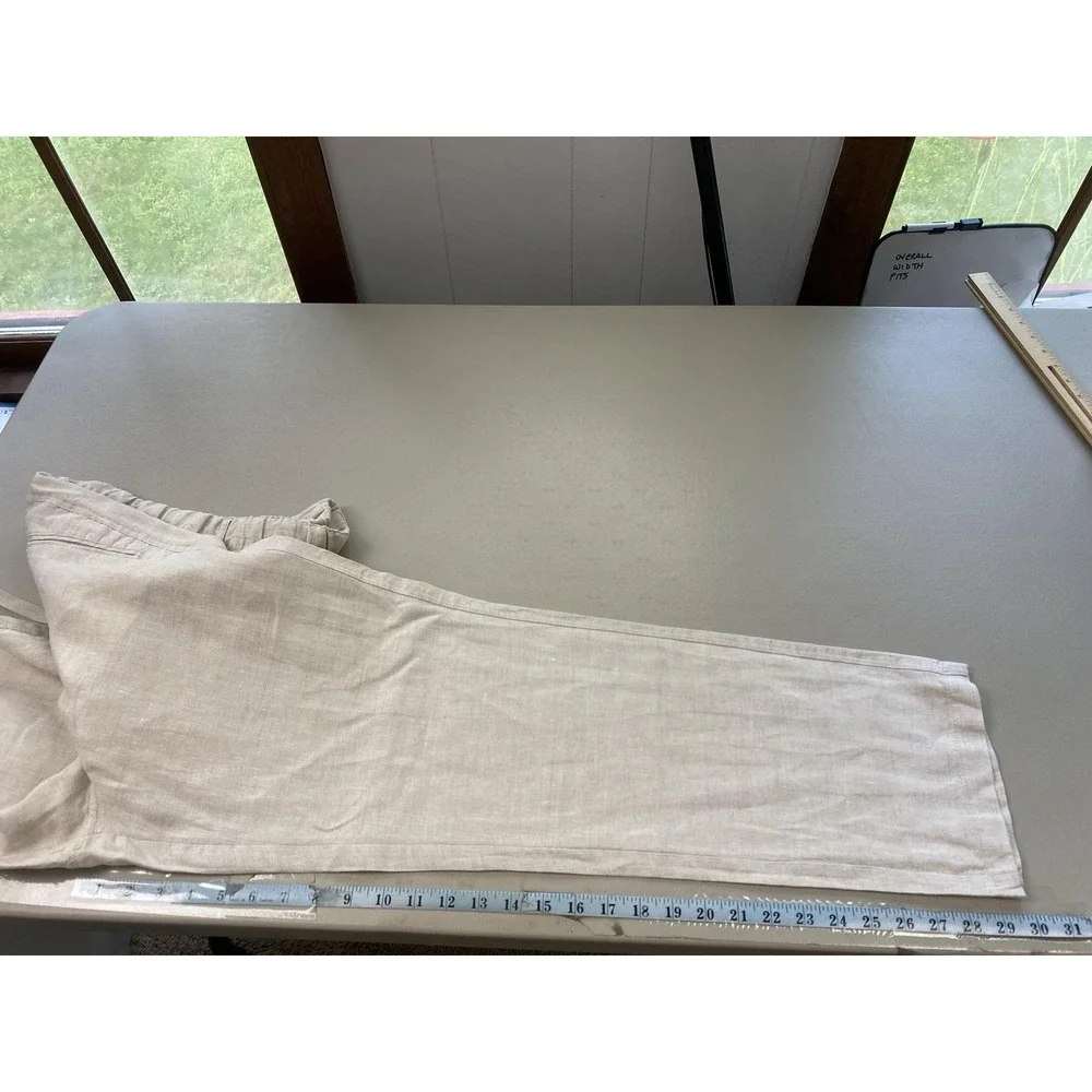Tasso Elba Pants Mens 38x29 Beige 100% Linen Drawstring Elastic Waist 32x30